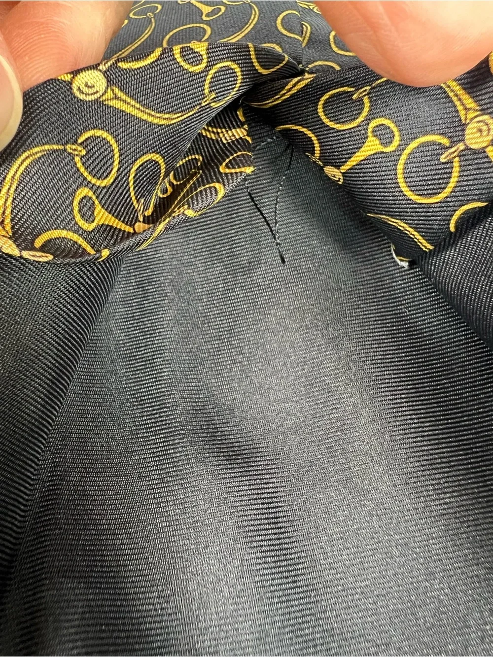 Vintage Hermès Silk Tie 643 TA Black Gold Horsebit Equestrian Scarf Print France